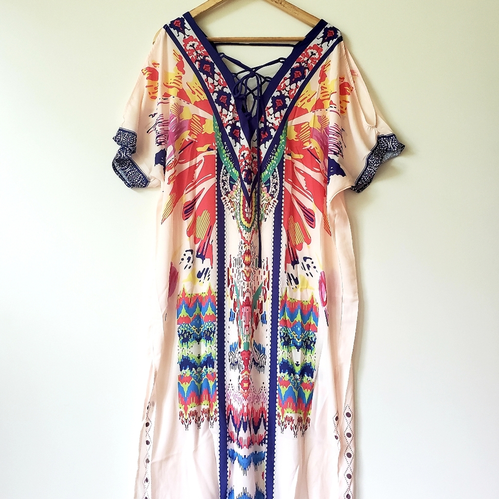 Bohemian Lace-Up Maxi Dress in Peach with Multicolor Print